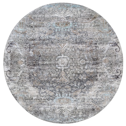 Gray, Silk with Textured Wool, Hand Knotted, Modern, Transitional Persian Influence Erased Medallion Design, Oriental, Round 