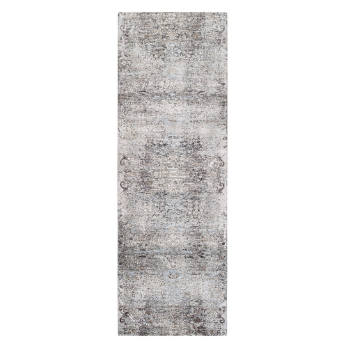 Gray, Modern, Transitional Persian Influence Erased Medallion Design, Silk with Textured Wool, Hand Knotted, Oriental, Wide Runner, Rug