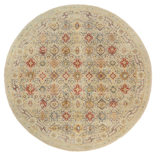 Beige, Hand Knotted, THE SUNSET ROSETTES, Wool and Pure Silk, Oriental, Round 