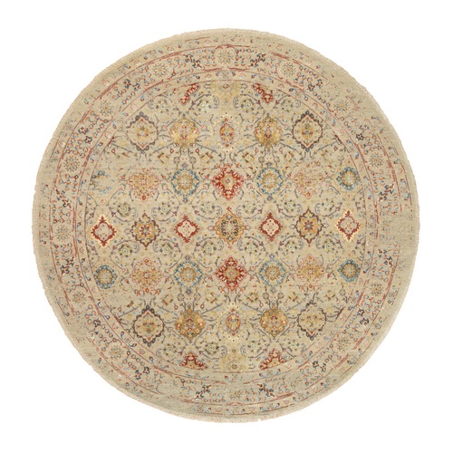 Beige, THE SUNSET ROSETTES, Wool and Pure Silk, Hand Knotted, Oriental, Round Rug