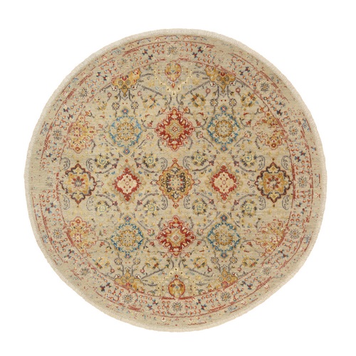 Beige, Wool and Pure Silk, Hand Knotted, THE SUNSET ROSETTES, Oriental, Round Rug