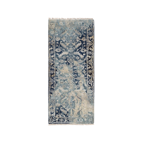 Navy Blue, Wool and Silk Broken Persian Heriz Erased Design, Hand Knotted Runner Oriental Rug