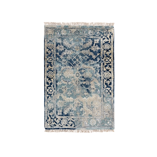 Navy Blue, Broken Persian Heriz Erased Design Wool and Silk, Hand Knotted, Mat Oriental Rug