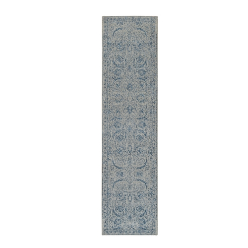 Gray Fine Jacquard with Sickle Leaf Design Wool and Plant Based Silk Hand Loomed Oriental Runner Rug Gray Fine Jacquard with Sickle Leaf Design Wool and Plant Based Silk Hand Loomed Oriental Runner Rug