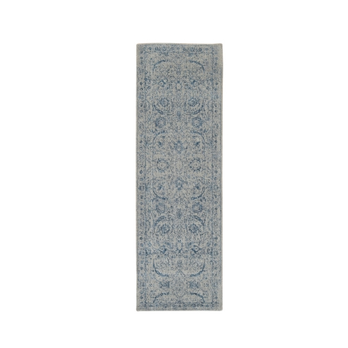 Fine Jacquard with Sickle Leaf Design Wool and Plant Based Silk Hand Loomed Gray Oriental Runner Rug