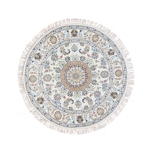 Ivory, Hand Knotted Nain with Center Medallion Design, 250 KPSI Wool and Silk, Round Oriental Rug