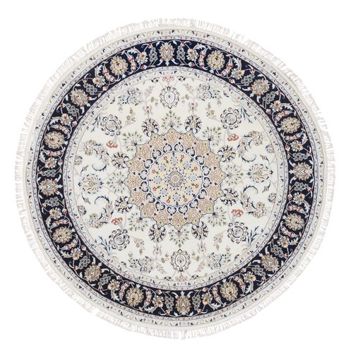 Ivory, Nain with Center Medallion Design, 250 KPSI Wool and Silk Hand Knotted, Round Oriental 