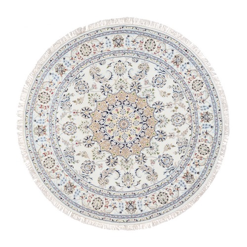 Ivory, Wool and Silk Hand Knotted, Nain with Center Medallion Design 250 KPSI, Round Oriental Rug