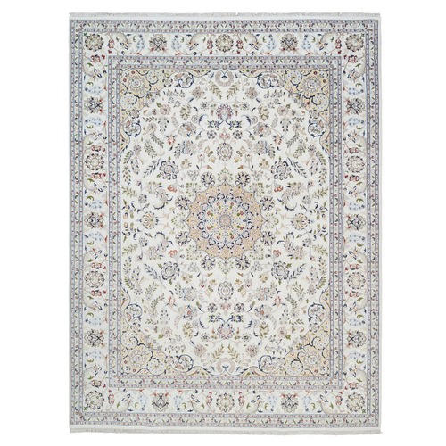 Ivory, Nain with Center Medallion Design, 250 KPSI Wool and Silk Hand Knotted, Oriental Rug