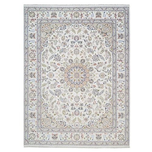 Ivory, Wool and Silk Hand Knotted, Nain with Center Medallion Design 250 KPSI, Oriental Rug