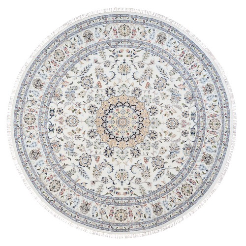 Ivory, Nain with Center Medallion Flower Design, 250 KPSI Wool Hand Knotted, Round Oriental Rug
