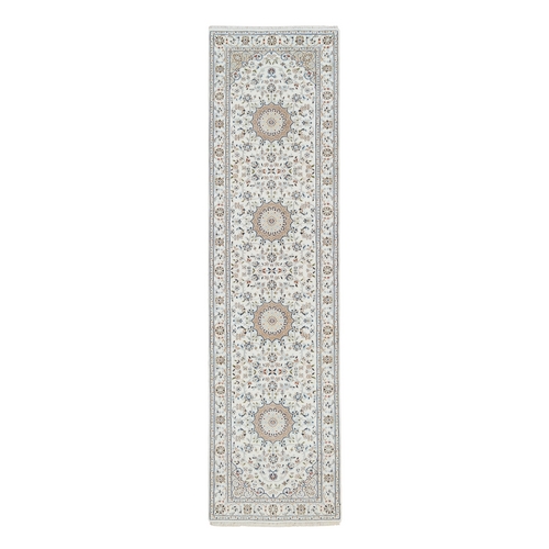 Ivory, Nain with Flower Medallion Design, 250 KPSI Wool and Silk Hand Knotted, Runner Oriental Rug