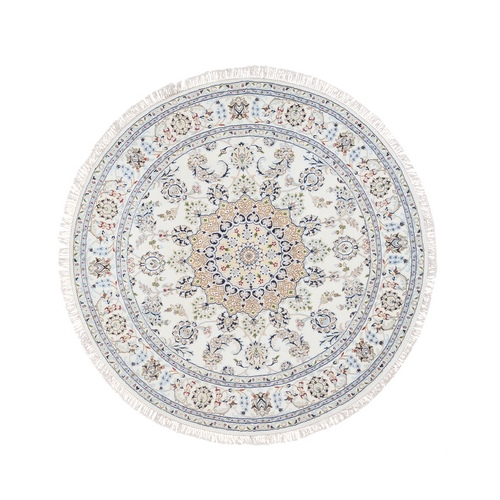 Ivory, Nain with Center Medallion Design, 250 KPSI Wool and Silk Hand Knotted, Round Oriental Rug