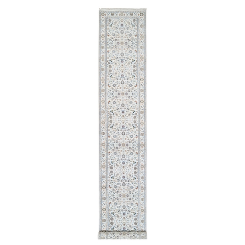 Ivory, Nain with All Over Flower Design, 250 KPSI Wool and Silk Hand Knotted, XL Runner Oriental 