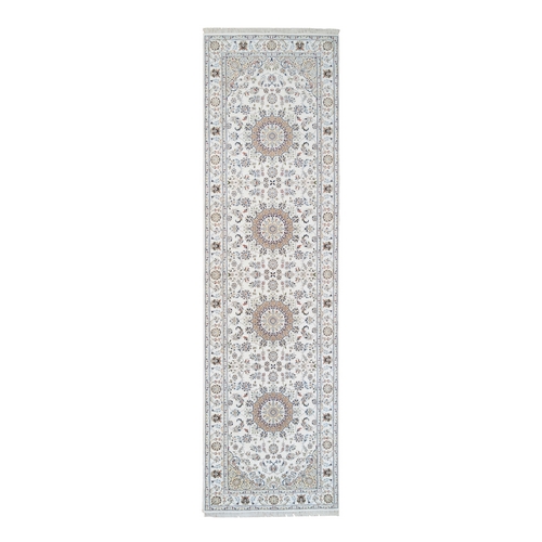 Ivory, Wool Hand Knotted, Nain with Center Medallion Flower Design 250 KPSI, Runner Oriental Rug
