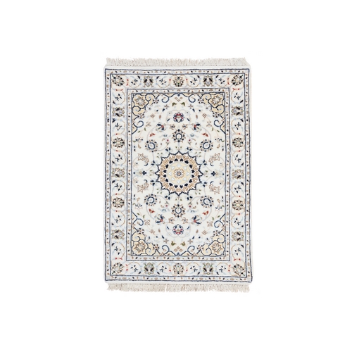 Ivory, Wool and Silk Hand Knotted, Nain with Flower Medallion Design 250 KPSI, Mat Oriental Rug