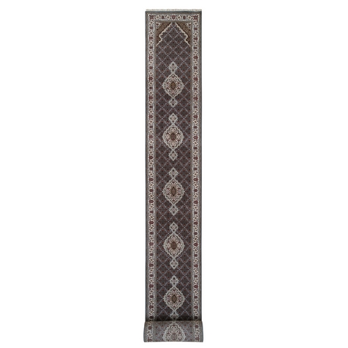 Light Gray Hand Knotted Tabriz Mahi with Fish Medallion Design, Pure Wool XL Runner Oriental 