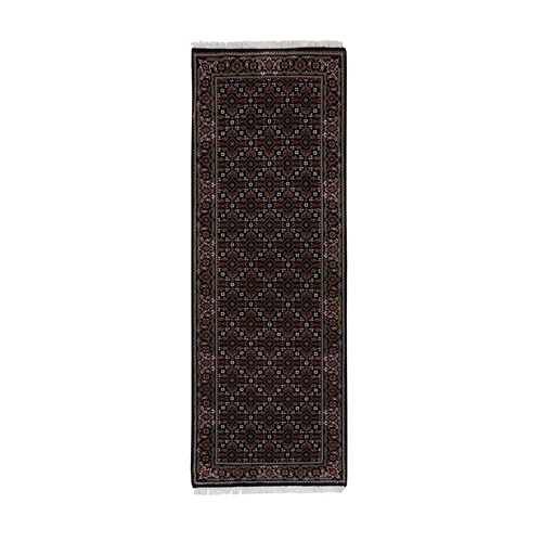 Rich Black Hand Knotted 175 KPSI Wool and Silk Herati with All Over Design Short and Narrow Runner Oriental 