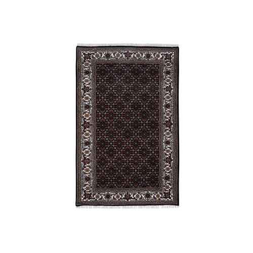Rich Black Hand Knotted Wool Herati with All Over Design 175 KPSI Oriental Rug