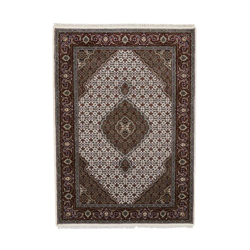 Ivory Hand Knotted Tabriz Mahi with Fish Medallion Design Natural Wool ad Silk 175 KPSI Oriental 