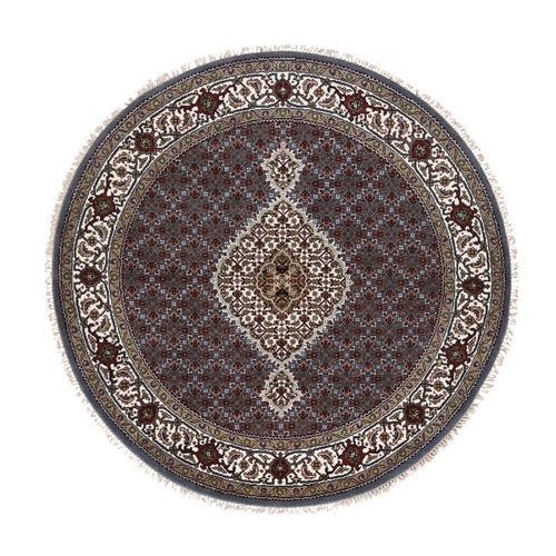 Light Gray Extra Soft Wool and Silk Hand Knotted 175 KPSI Tabriz Mahi with Fish Medallion Design Round Oriental 