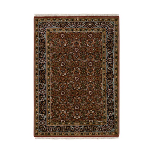 Brick Red, Herati with All Over Fish Design, Dense Weave 175 KPSI Wool and Silk Hand Knotted, Oriental Rug