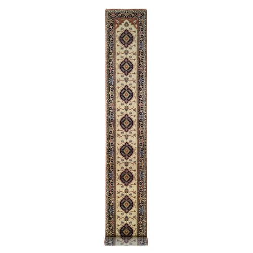Ivory, Hand Knotted Heriz Revival with Medallions Design Pliable Wool, XL Runner Oriental Rug