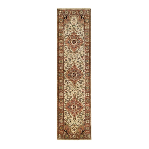 Ivory, Natural Dyes Soft Wool Hand Knotted, Antiqued Fine Heriz Re-Creation Dense Weave, Runner Oriental 