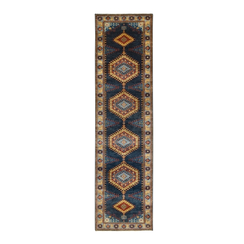 Navy Blue, Persian Viss Design Pliable Wool Hand Knotted, Runner Oriental Rug