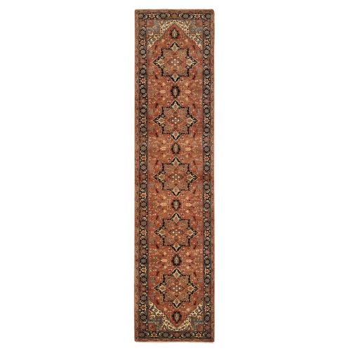 Terracotta Red, Pure Wool Hand Knotted Antiqued Fine Heriz Re-Creation, Dense Weave Natural Dyes, Runner Oriental Rug