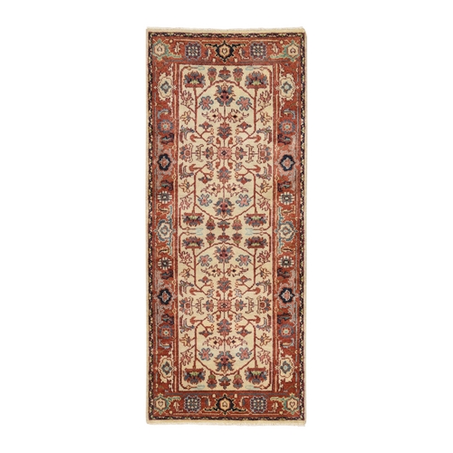 Ivory, Heriz Revival with Medallion Design, Thick and Plush Soft Wool Hand Knotted, Runner Oriental 