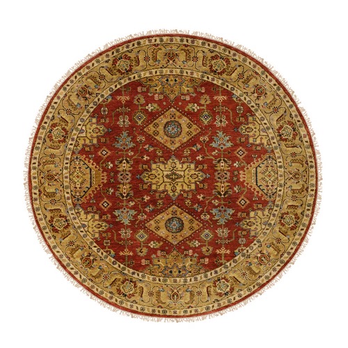 Red-Gold Karajeh Design Organic Wool Hand Knotted Oriental Round 
