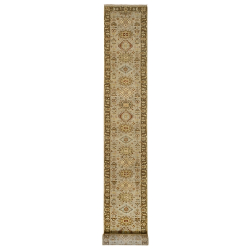 Gray-Brown Karajeh Design with Tribal Medallions Hand Knotted Pure Wool Oriental Runner Rug