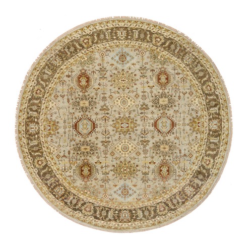Light Gray Karajeh Design with Tribal Medallions, Pure Wool Hand Knotted, Round Oriental 