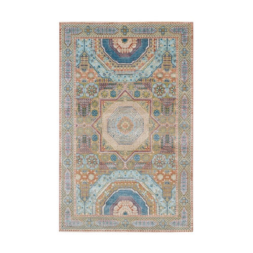 Colorful, Mamluk Design, Textured Wool and Silk Hand Knotted, Oriental 