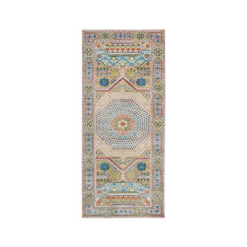 Colorful, Hand Knotted Mamluk Design, Textured Wool and Silk, Runner Oriental Rug