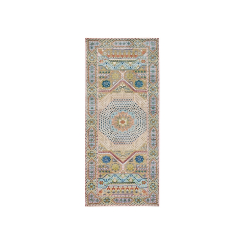 Colorful, Textured Wool and Silk Hand Knotted, Mamluk Design, Runner Oriental 