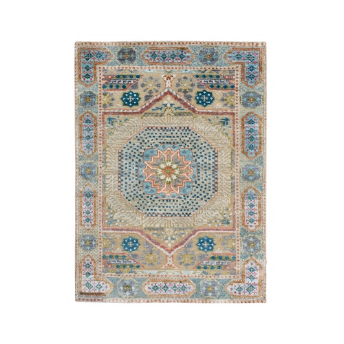 Colorful, Mamluk Design, Textured Wool and Silk Hand Knotted, Mat Oriental Rug