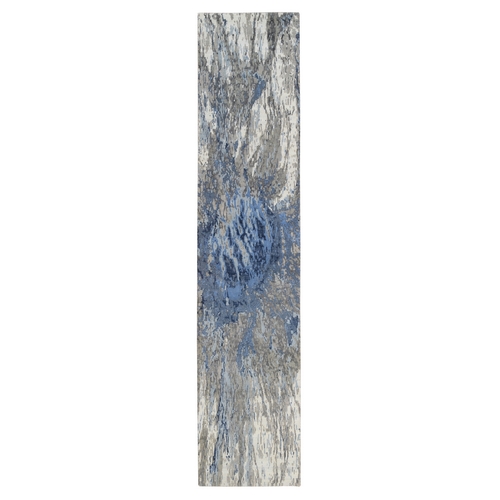 Denim Blue, Abstract Design Hi-low Pile, Wool and Silk Hand Knotted, Runner Oriental 