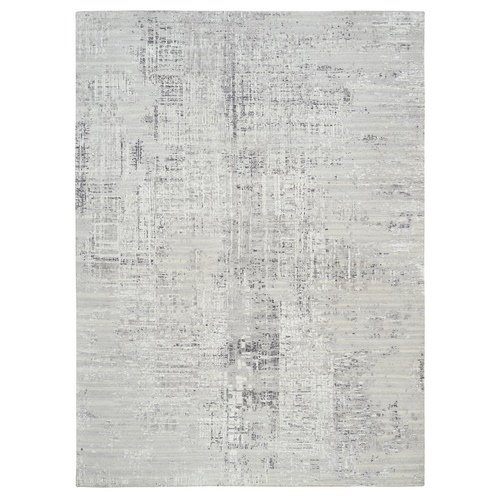 Gray Hand Knotted Cut and Loop Pile Modern Hand Spun Undyed Natural Wool Oriental Rug