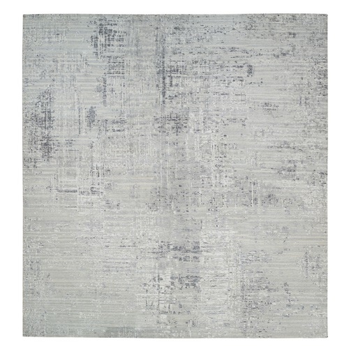 Gray Modern Hand Spun Undyed Natural Wool Cut and Loop Pile Hand Knotted Square Oriental Rug