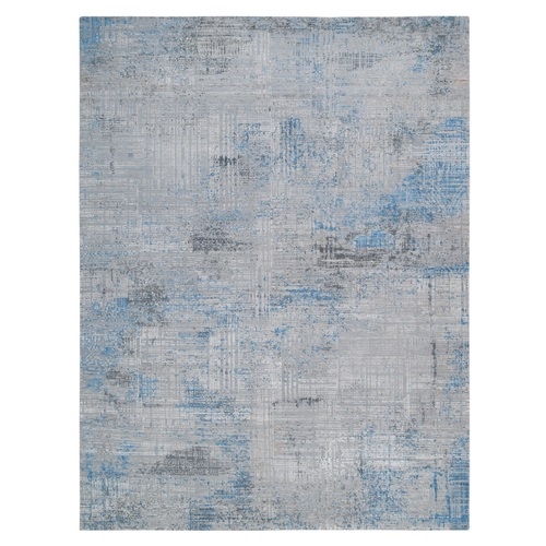 Gray, Modern Abstract Design Soft Pile, Denser Weave Wool and Silk Hand Knotted, Oriental 