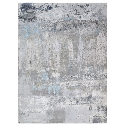 Gray, Thick and Plush Densely Woven Wool and Silk, Hand Knotted Modern Abstract Design, Oriental 