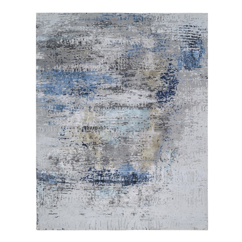 Gray, Denser Weave Wool and Silk Hand Knotted, Modern Abstract Design Soft Pile, Oriental 
