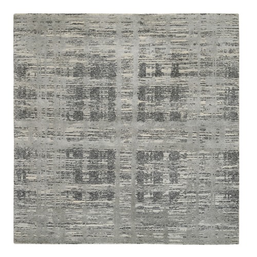 Light Gray Hand Knotted Modern Hand Spun Undyed Natural Wool Square Oriental Rug