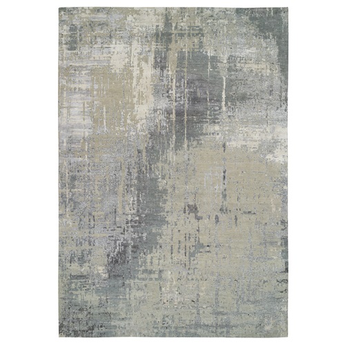 Gray and Silver, Wool and Silk Abstract with Mosaic Design Hand Knotted Oriental Oversize Rug