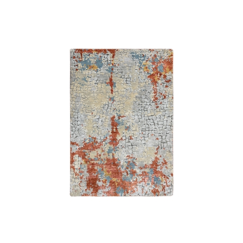 Cream-Rust Wool And Silk Abstract With Fire Mosaic Design, Hand Knotted Oriental Mat Rug
