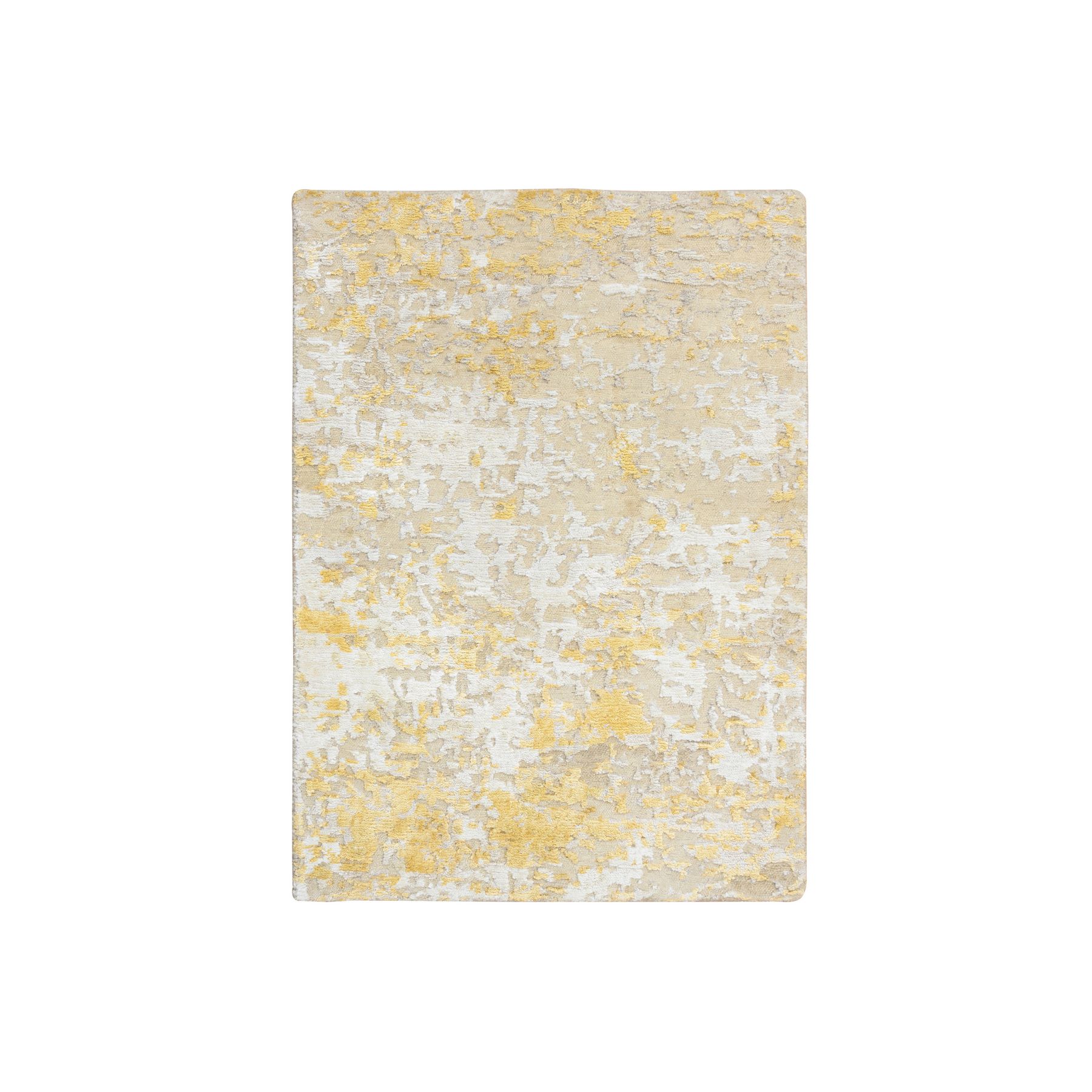Gold-Cream, Hand Knotted, Wool and Silk, Abstract Design, Hi-Low Pile, Oriental Mat 