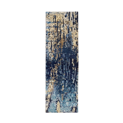 Denim Blue with Mix of Gold, Hand Knotted, Mosaic Design Wool and Silk, Runner Oriental 