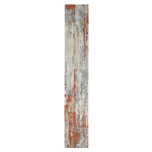 Cream-Rust Hand Knotted Wool And Silk, Abstract With Fire Mosaic Design Runner Oriental Rug